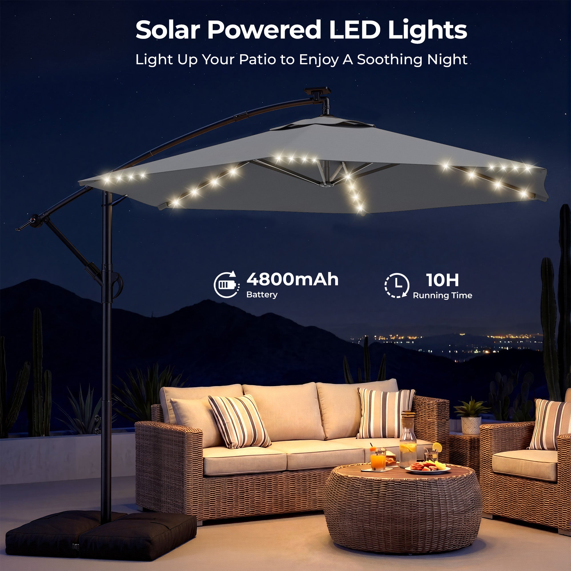HY21LBD Cantilever Patio Umbrella with Base, Solar LED 10ft Outdoor Offset Umbrella