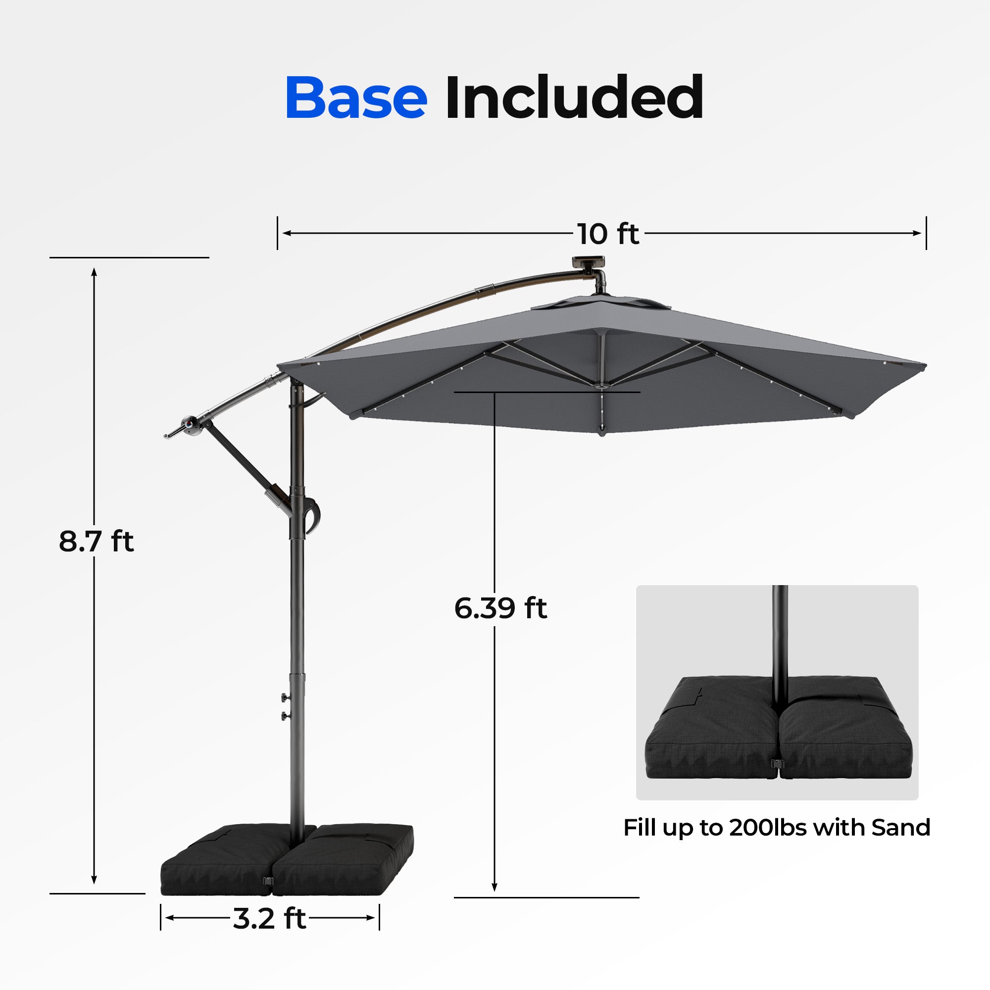 HY21LBD Cantilever Patio Umbrella with Base, Solar LED 10ft Outdoor Offset Umbrella