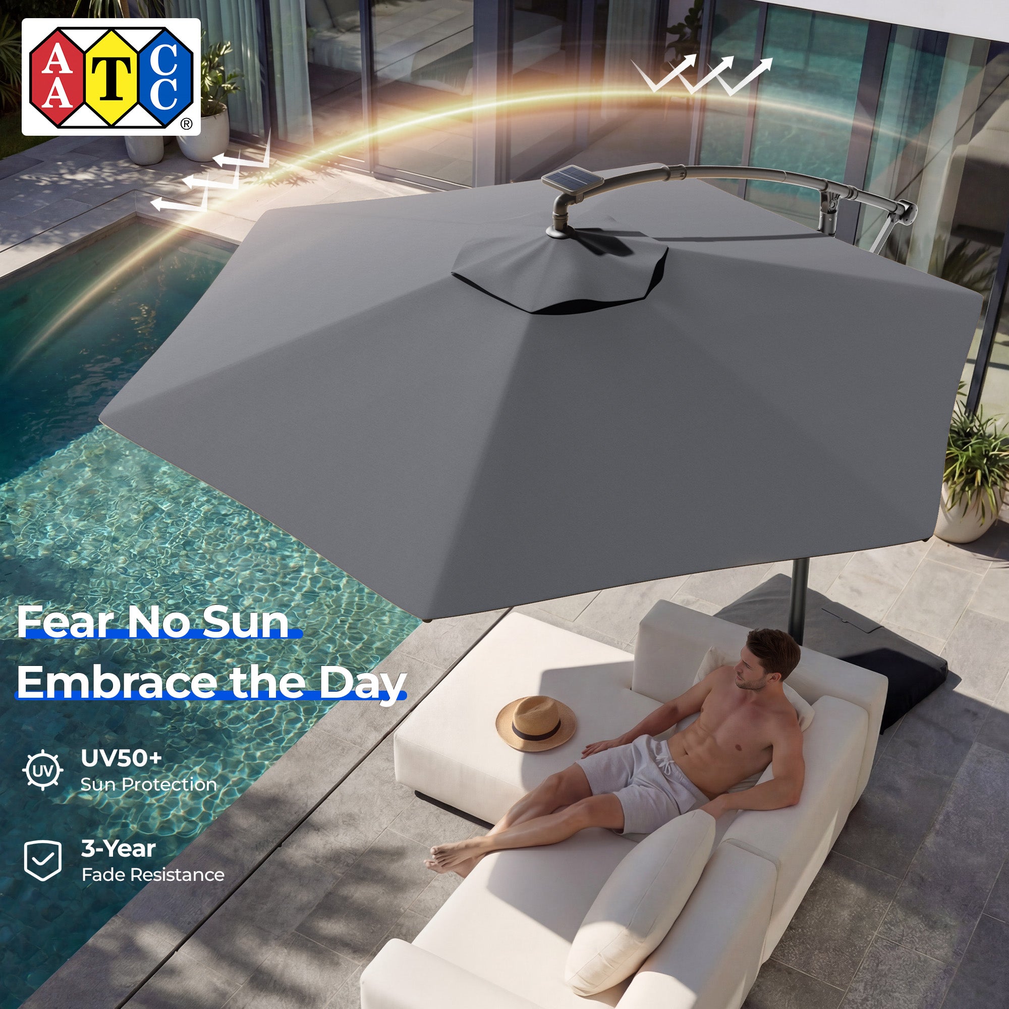 HY21LBD Cantilever Patio Umbrella with Base, Solar LED 10ft Outdoor Offset Umbrella