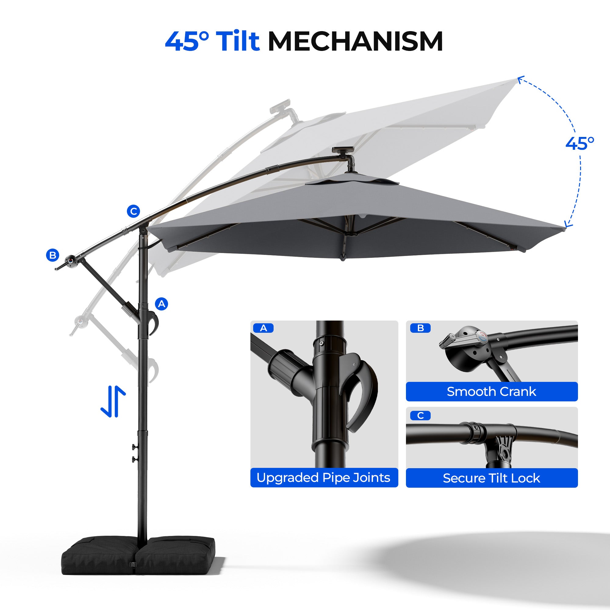 HY21LBD Cantilever Patio Umbrella with Base, Solar LED 10ft Outdoor Offset Umbrella