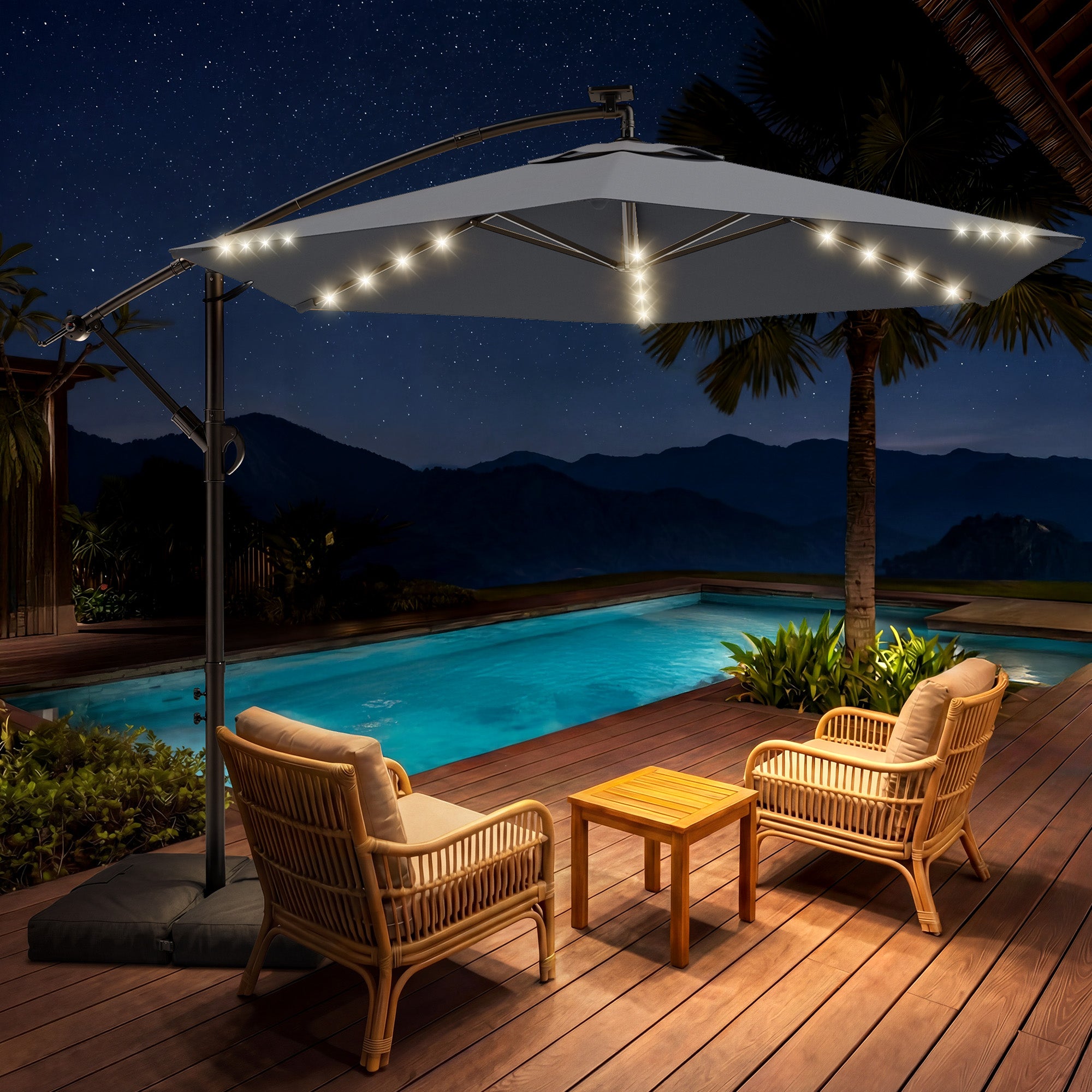 HY21LBD Cantilever Patio Umbrella with Base, Solar LED 10ft Outdoor Offset Umbrella