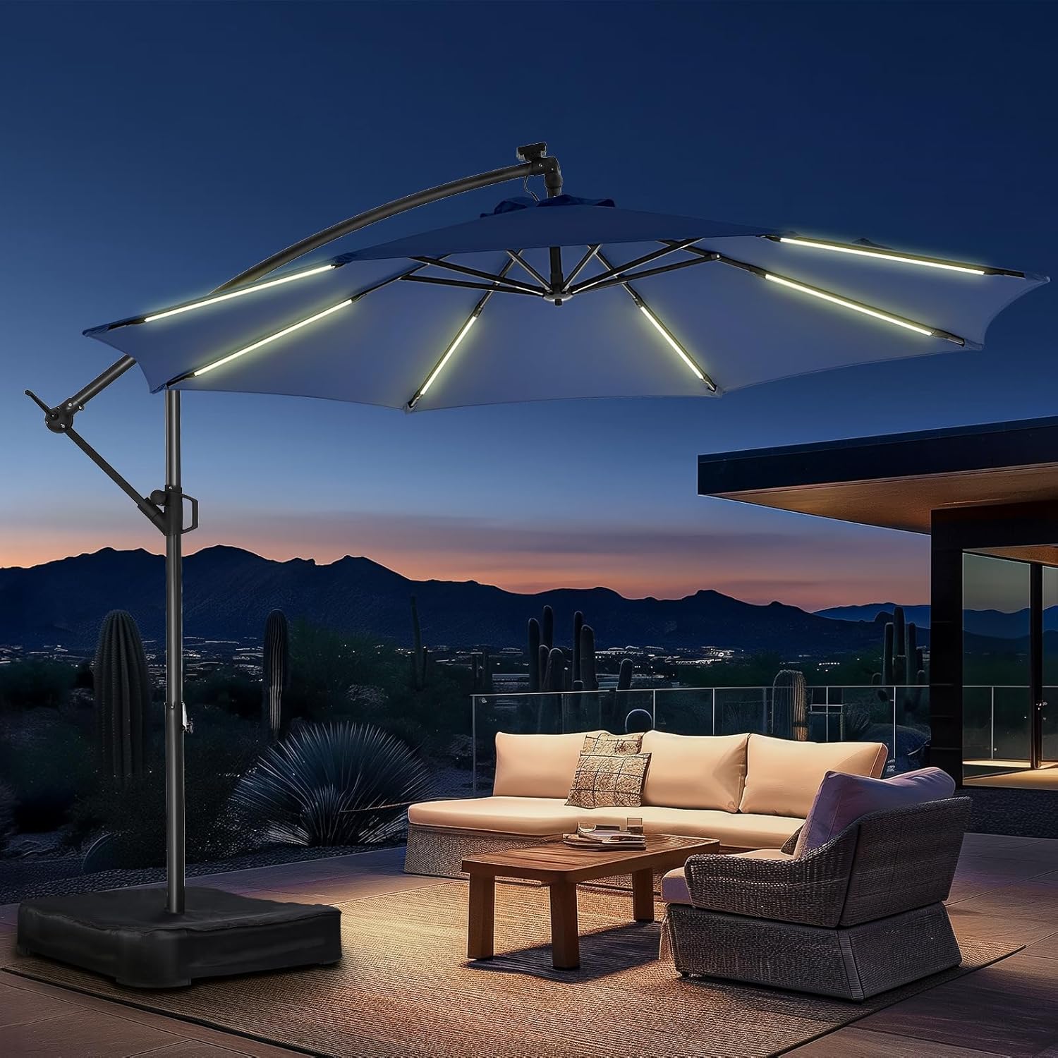 10 Feet Solar Offset Patio Umbrella, LED Lighted Cantilever Umbrella with Base Included