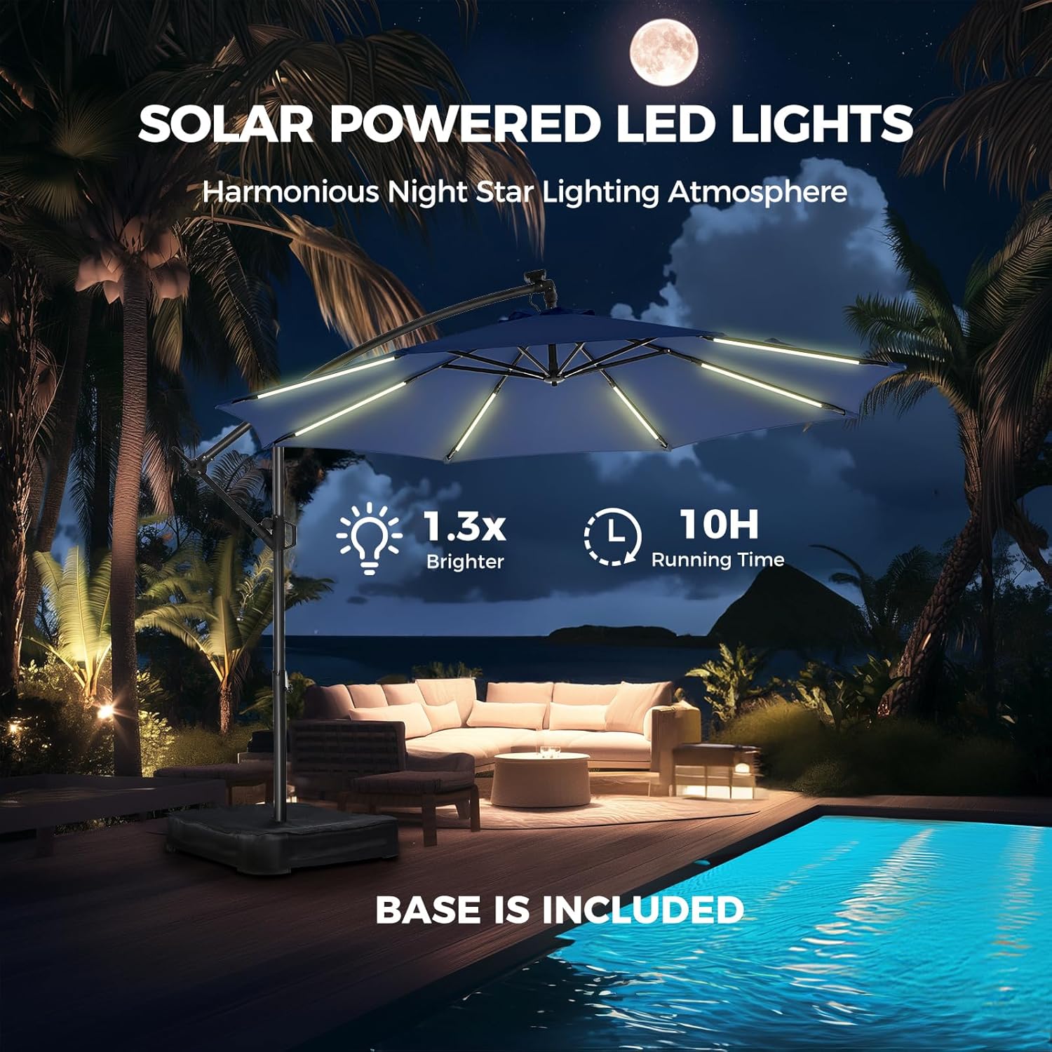 10 Feet Solar Offset Patio Umbrella, LED Lighted Cantilever Umbrella with Base Included