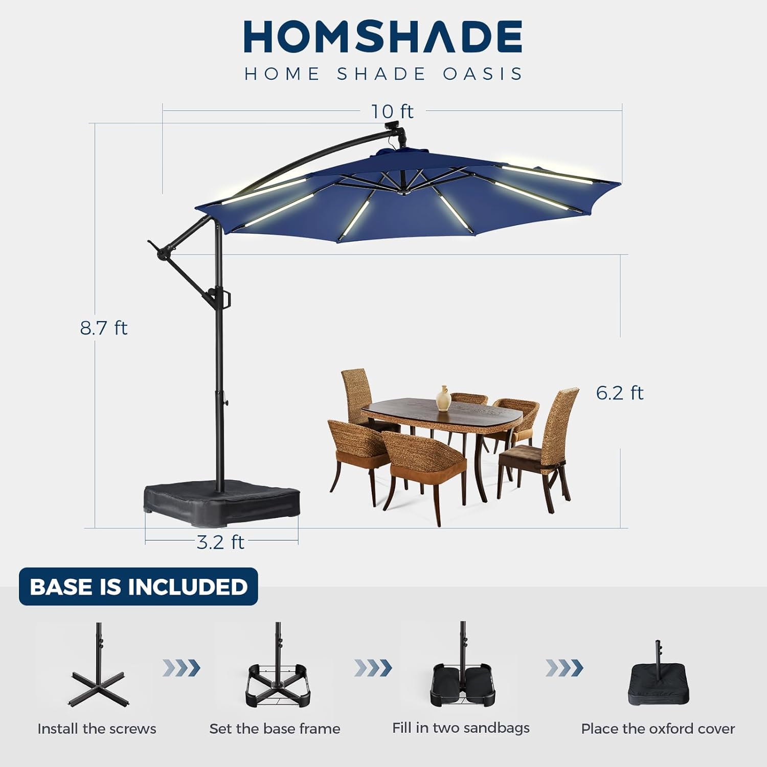 10 Feet Solar Offset Patio Umbrella, LED Lighted Cantilever Umbrella with Base Included