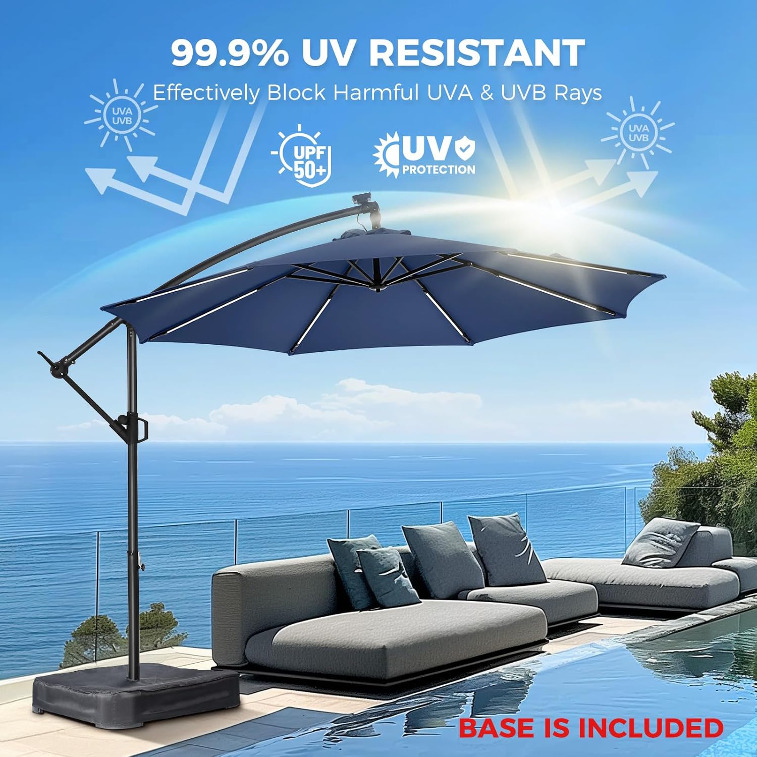 10 Feet Solar Offset Patio Umbrella, LED Lighted Cantilever Umbrella with Base Included