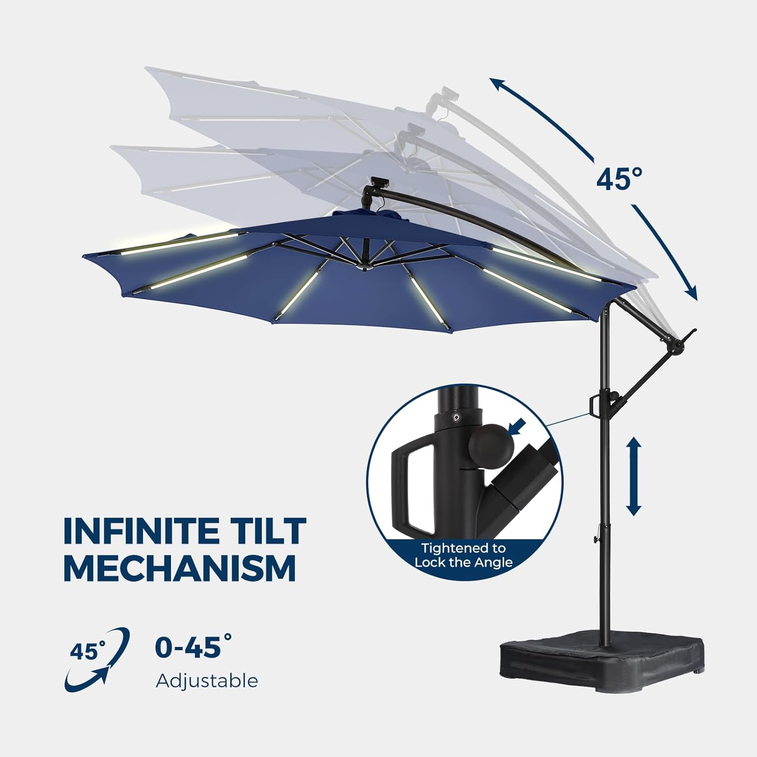 10 Feet Solar Offset Patio Umbrella, LED Lighted Cantilever Umbrella with Base Included