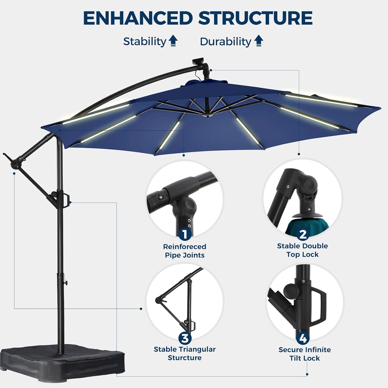 10 Feet Solar Offset Patio Umbrella, LED Lighted Cantilever Umbrella with Base Included