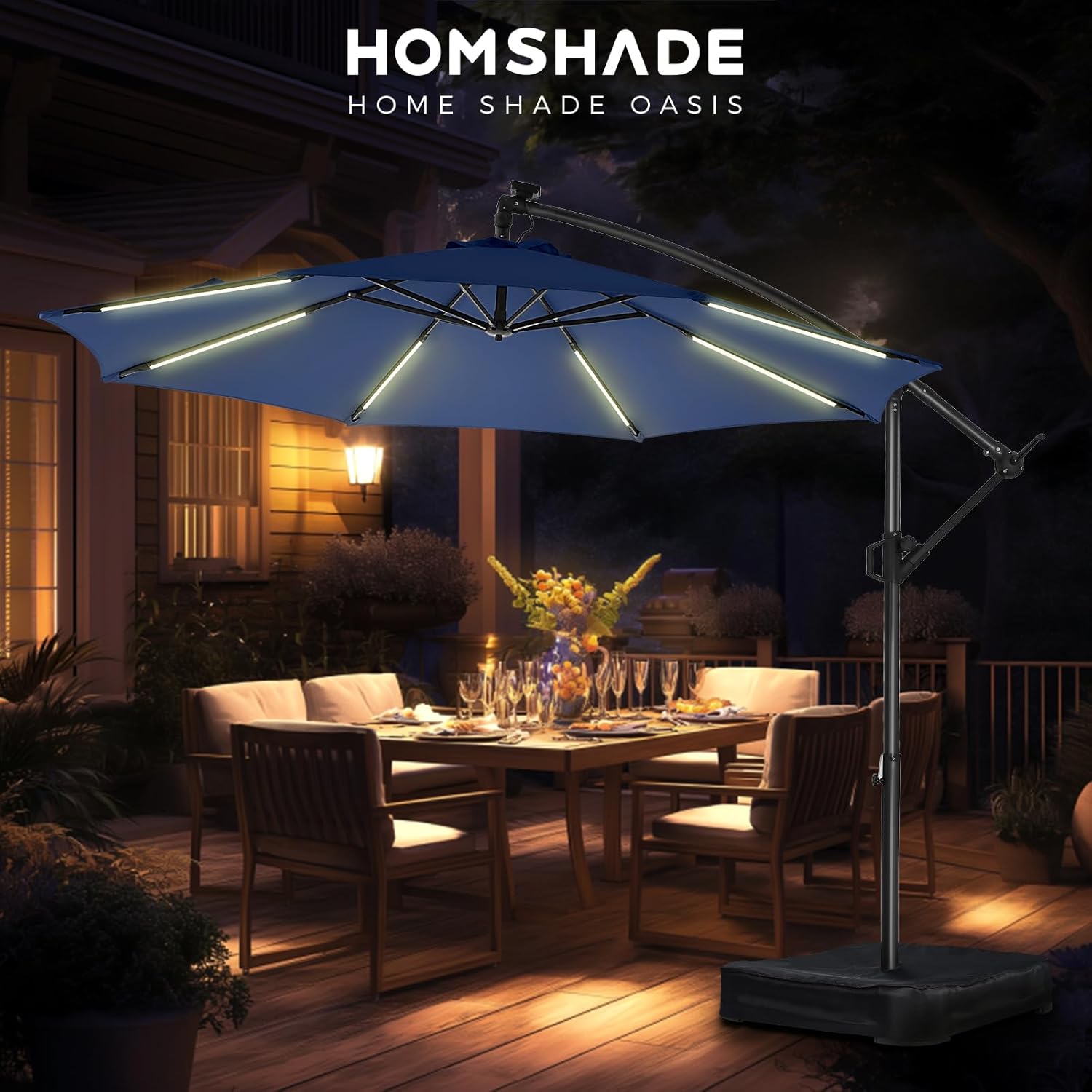 10 Feet Solar Offset Patio Umbrella, LED Lighted Cantilever Umbrella with Base Included