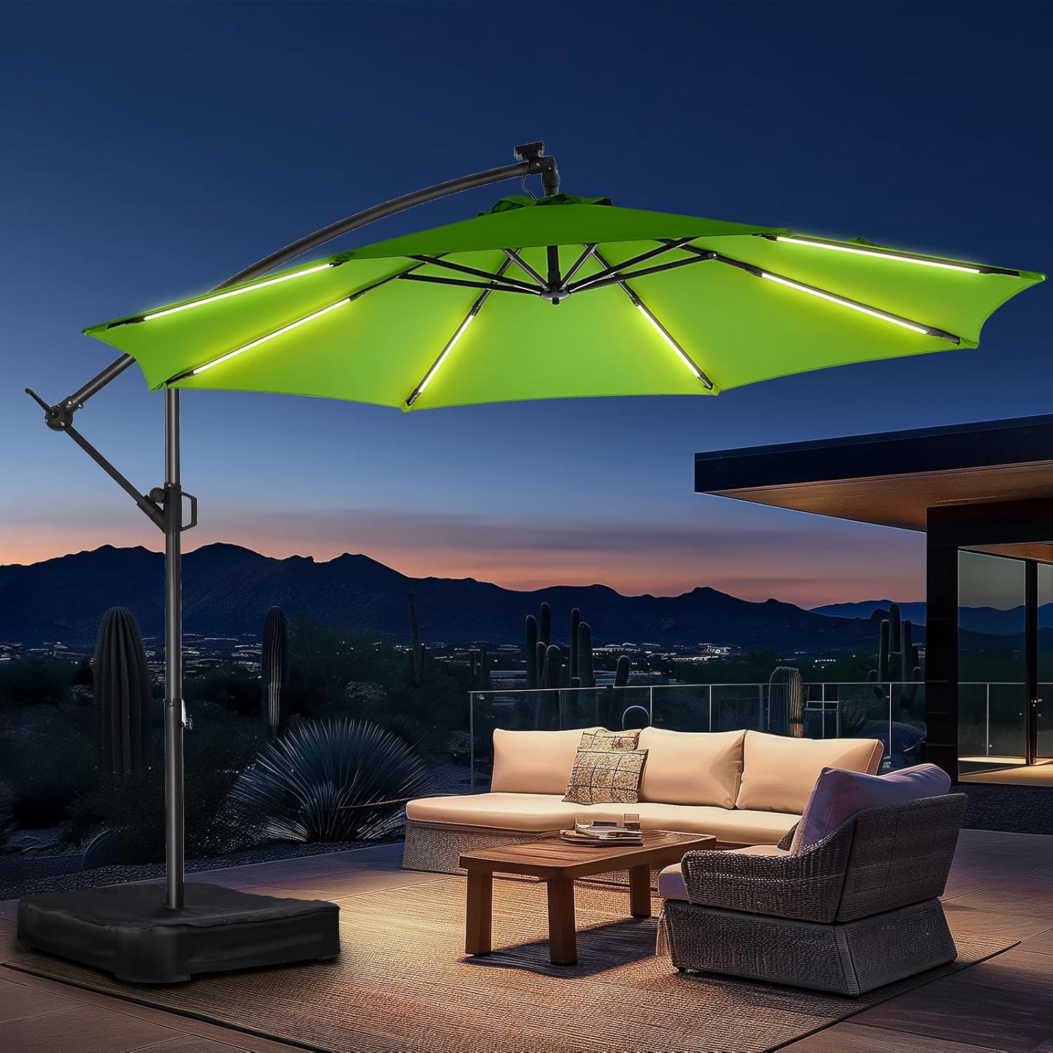 10 Feet Solar Offset Patio Umbrella, LED Lighted Cantilever Umbrella with Base Included