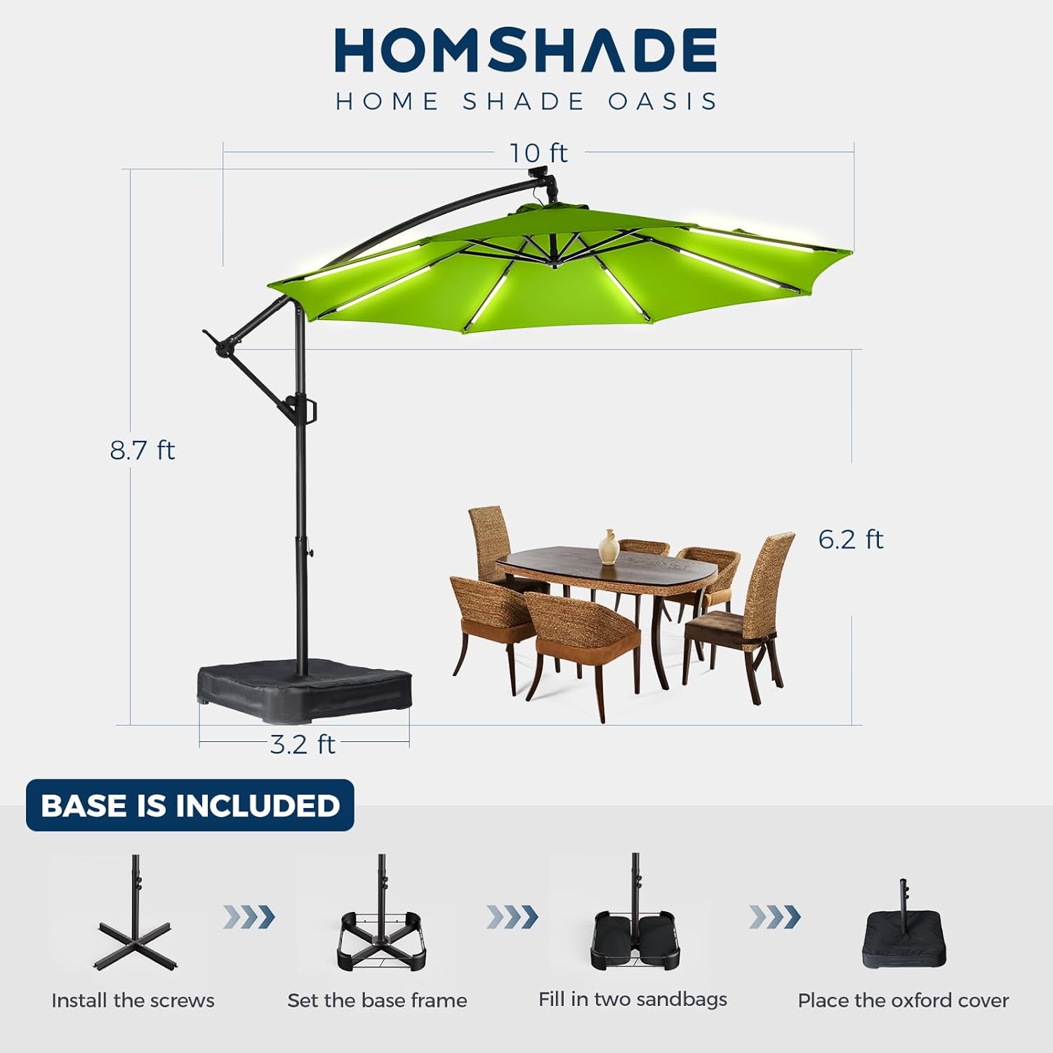 10 Feet Solar Offset Patio Umbrella, LED Lighted Cantilever Umbrella with Base Included