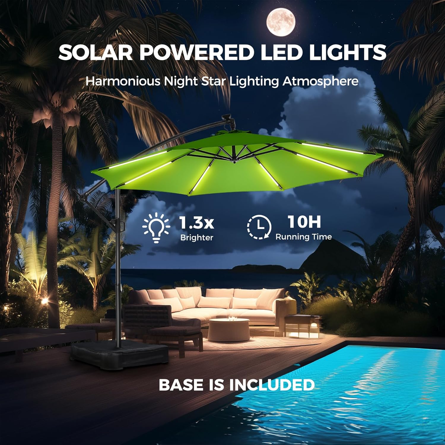 10 Feet Solar Offset Patio Umbrella, LED Lighted Cantilever Umbrella with Base Included