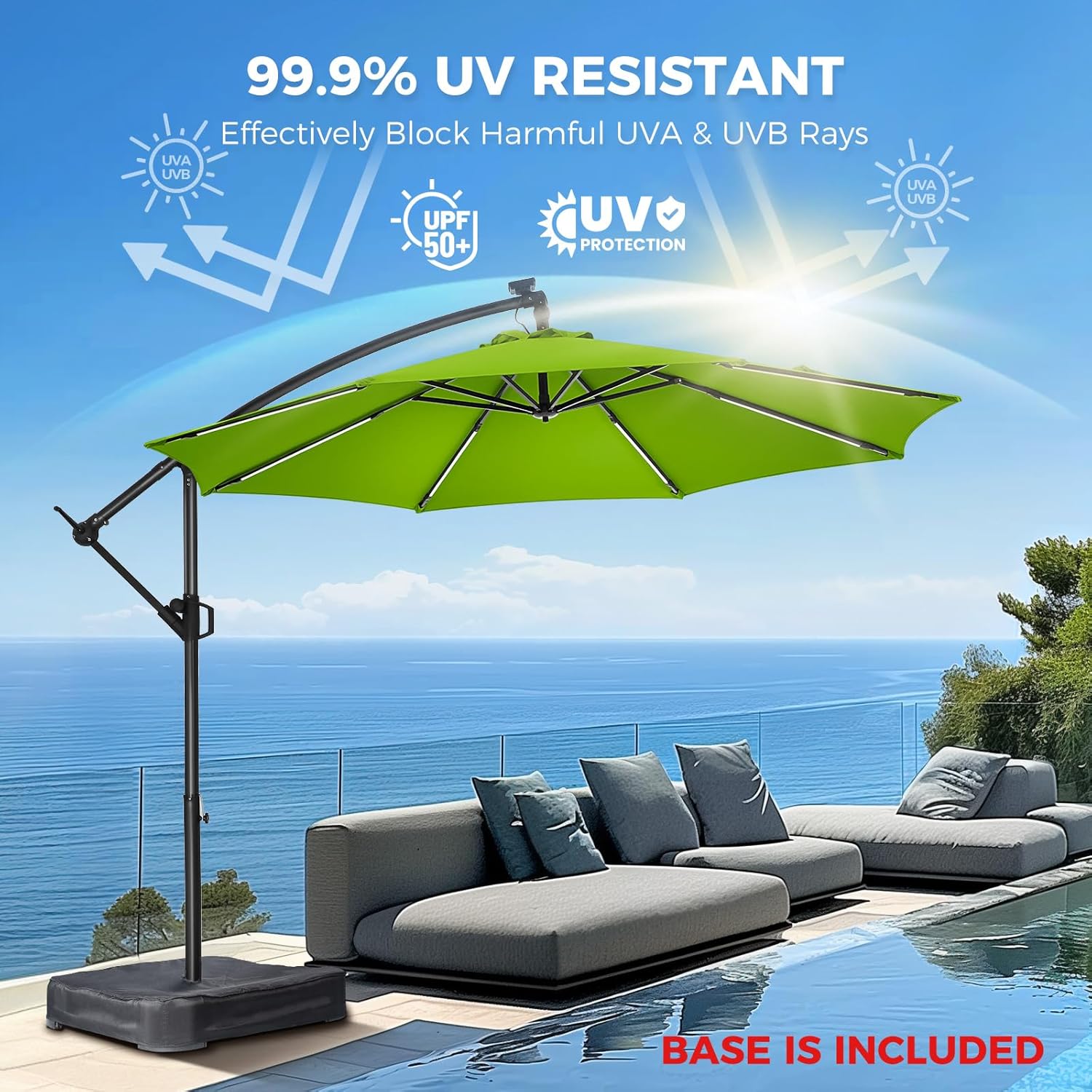 10 Feet Solar Offset Patio Umbrella, LED Lighted Cantilever Umbrella with Base Included