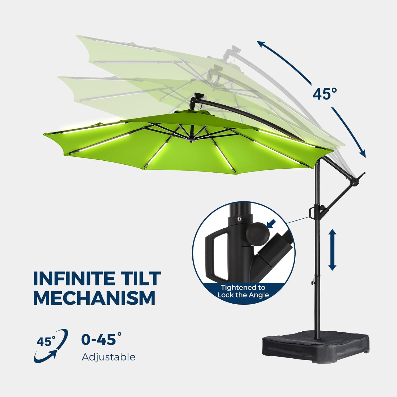 10 Feet Solar Offset Patio Umbrella, LED Lighted Cantilever Umbrella with Base Included