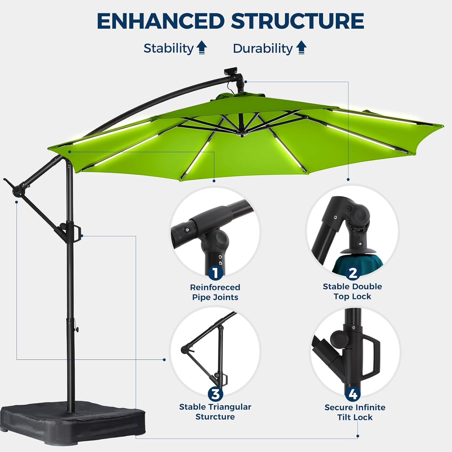 10 Feet Solar Offset Patio Umbrella, LED Lighted Cantilever Umbrella with Base Included