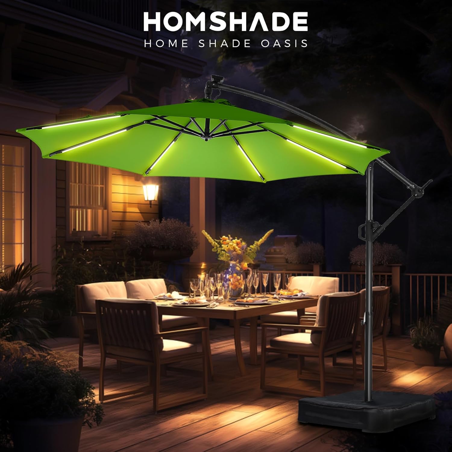 10 Feet Solar Offset Patio Umbrella, LED Lighted Cantilever Umbrella with Base Included