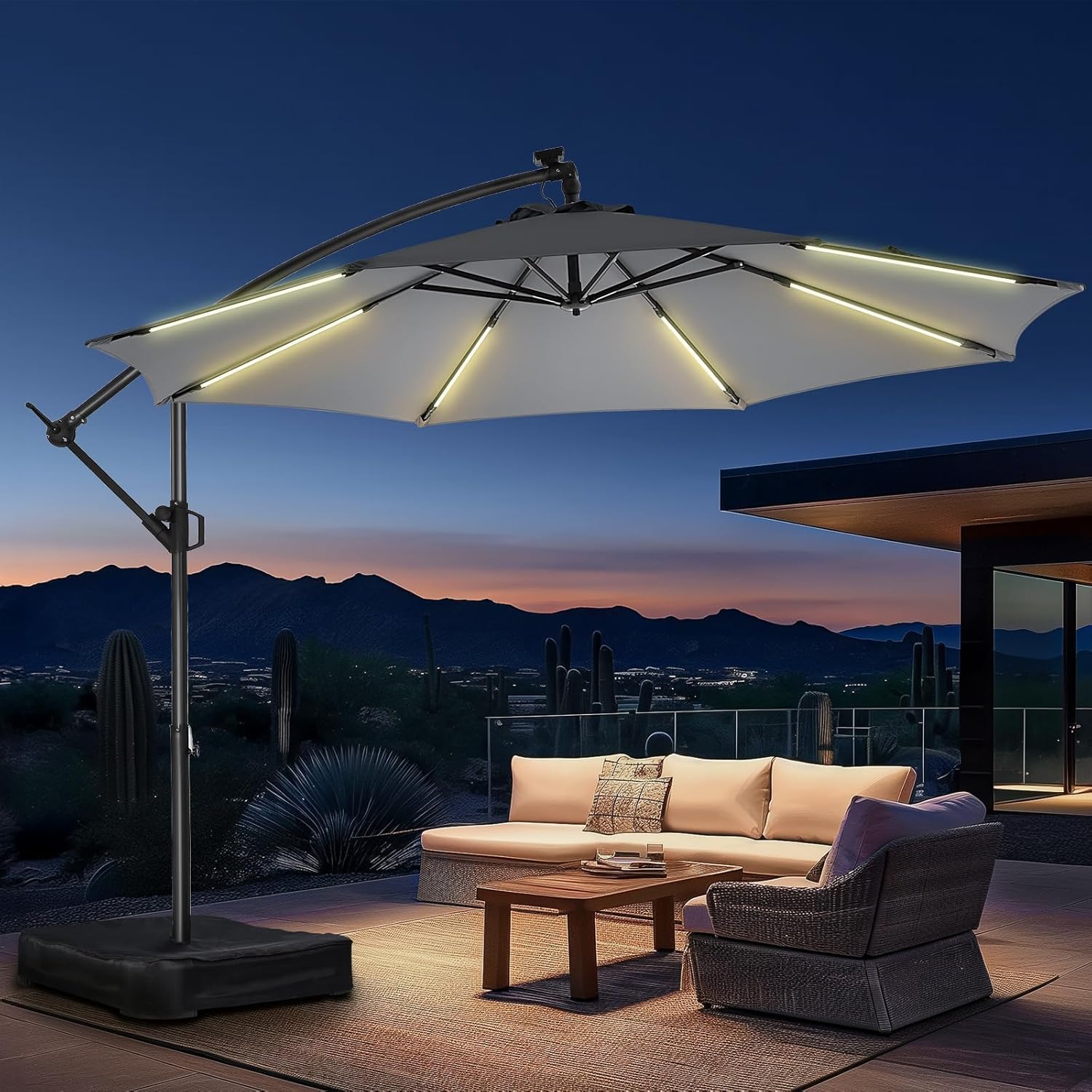 10 Feet Solar Offset Patio Umbrella, LED Lighted Cantilever Umbrella with Base Included