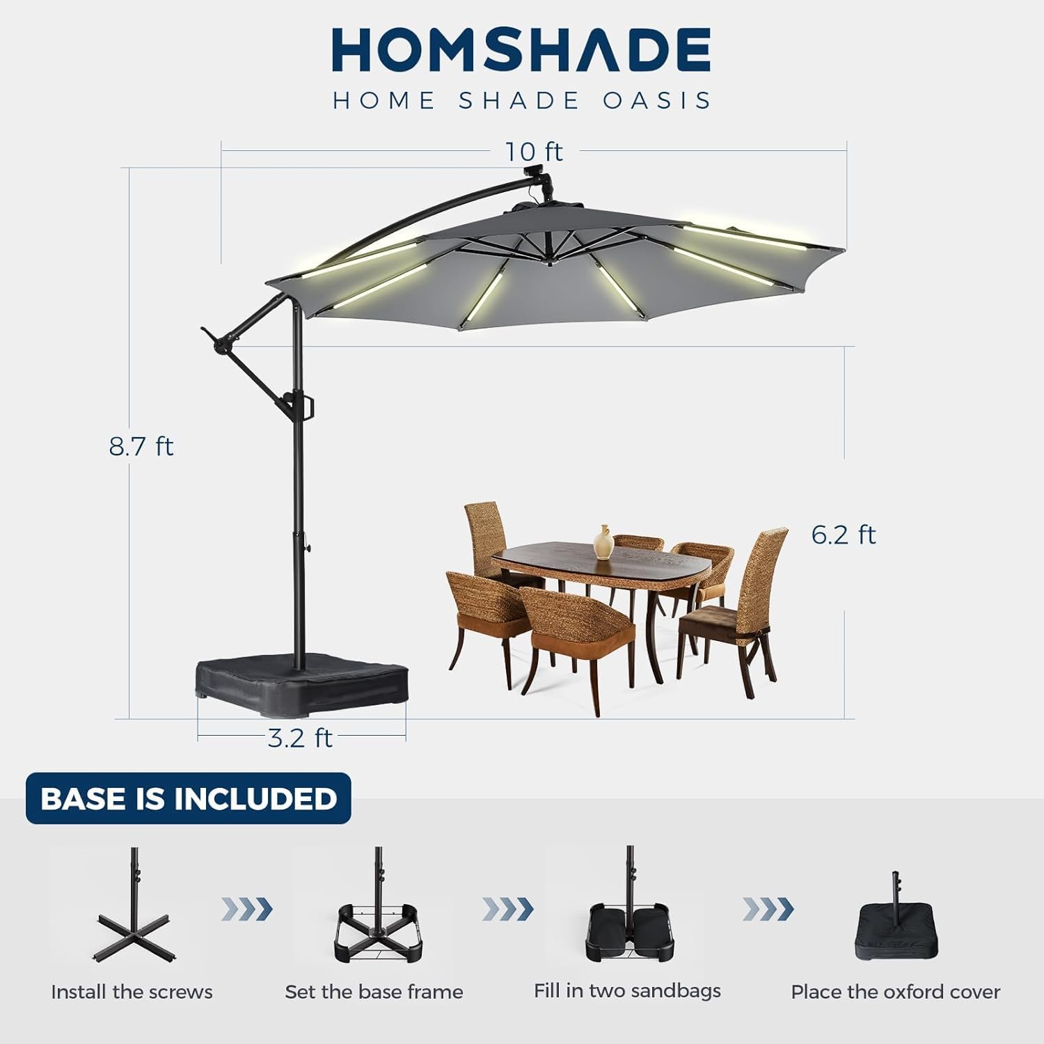 10 Feet Solar Offset Patio Umbrella, LED Lighted Cantilever Umbrella with Base Included