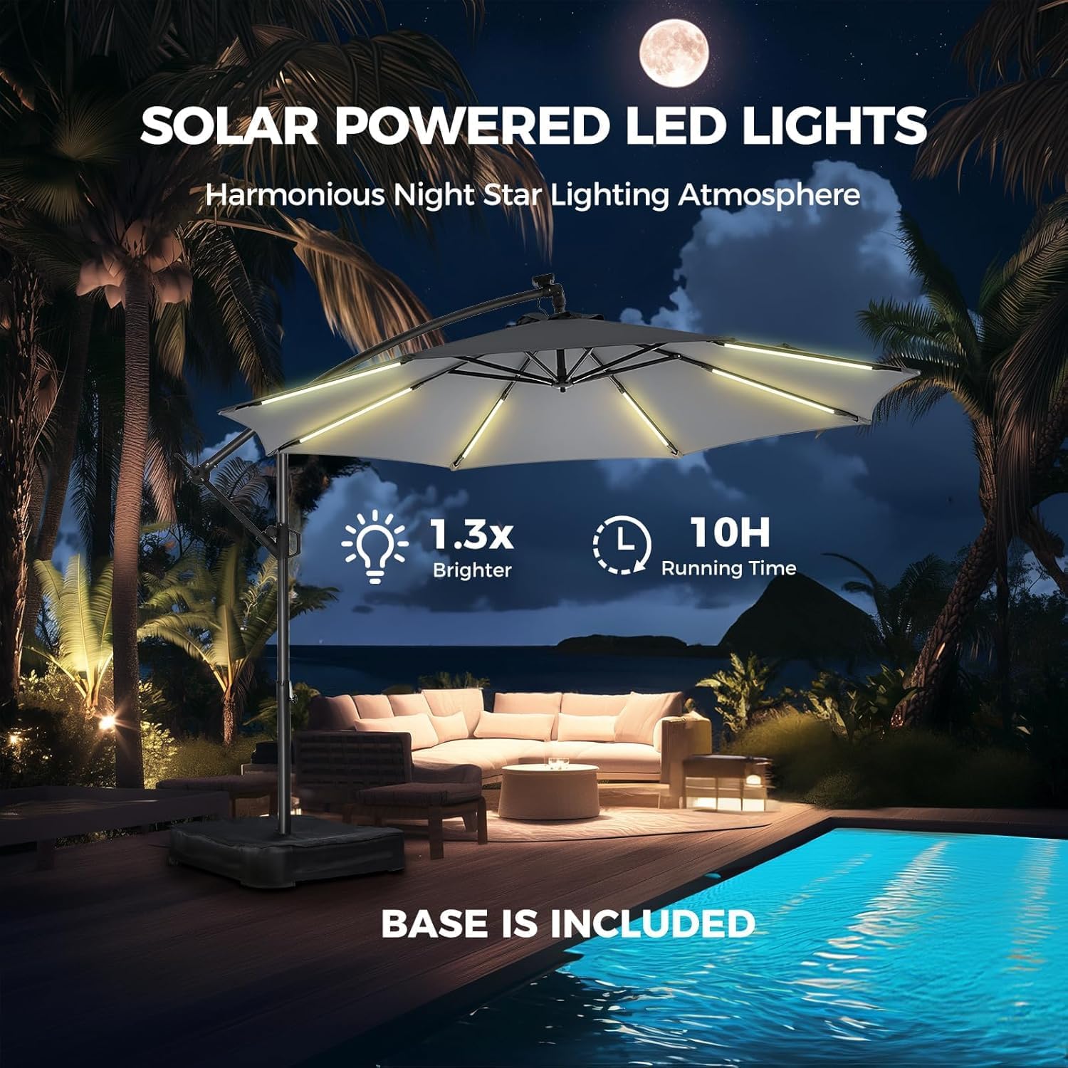 10 Feet Solar Offset Patio Umbrella, LED Lighted Cantilever Umbrella with Base Included