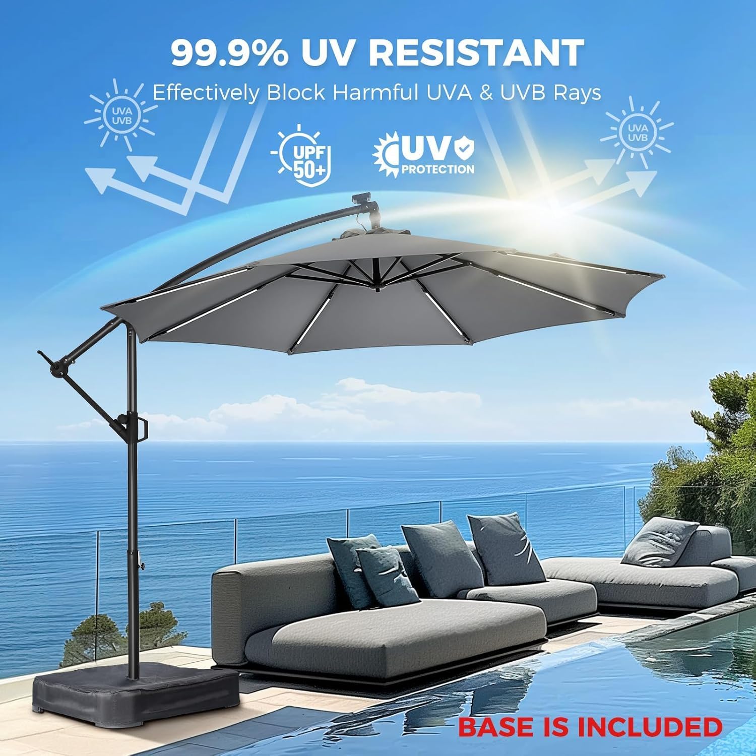 10 Feet Solar Offset Patio Umbrella, LED Lighted Cantilever Umbrella with Base Included