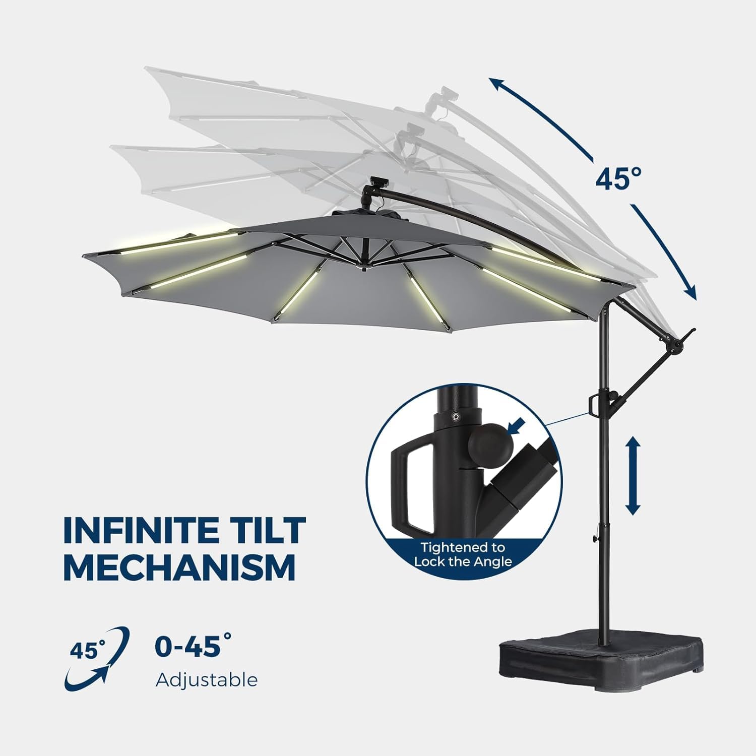 10 Feet Solar Offset Patio Umbrella, LED Lighted Cantilever Umbrella with Base Included
