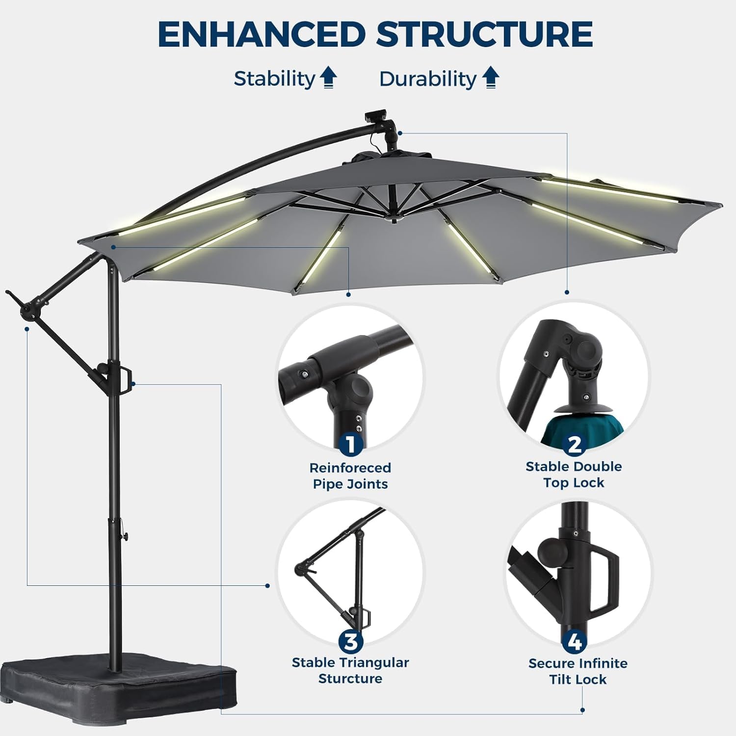 10 Feet Solar Offset Patio Umbrella, LED Lighted Cantilever Umbrella with Base Included