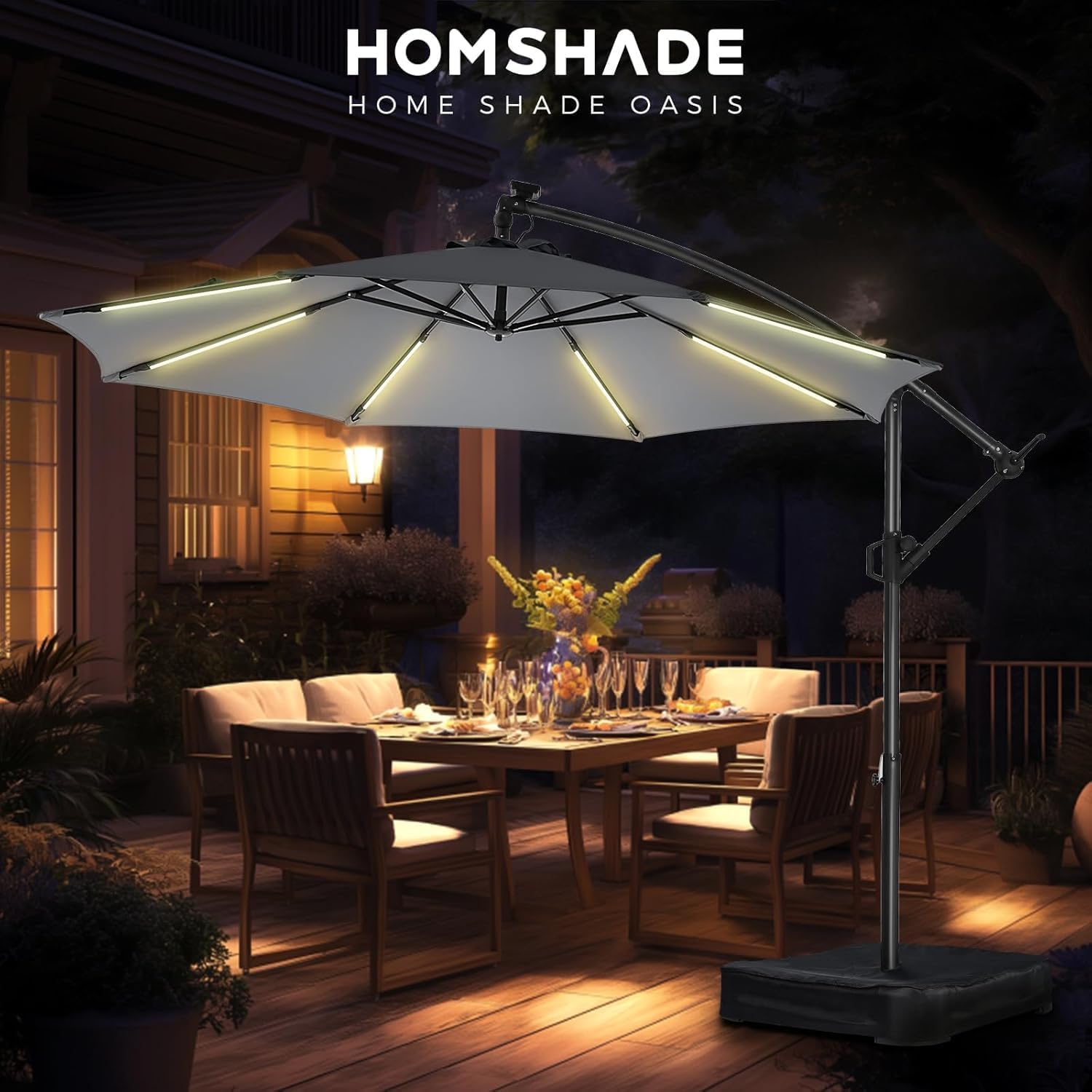 10 Feet Solar Offset Patio Umbrella, LED Lighted Cantilever Umbrella with Base Included