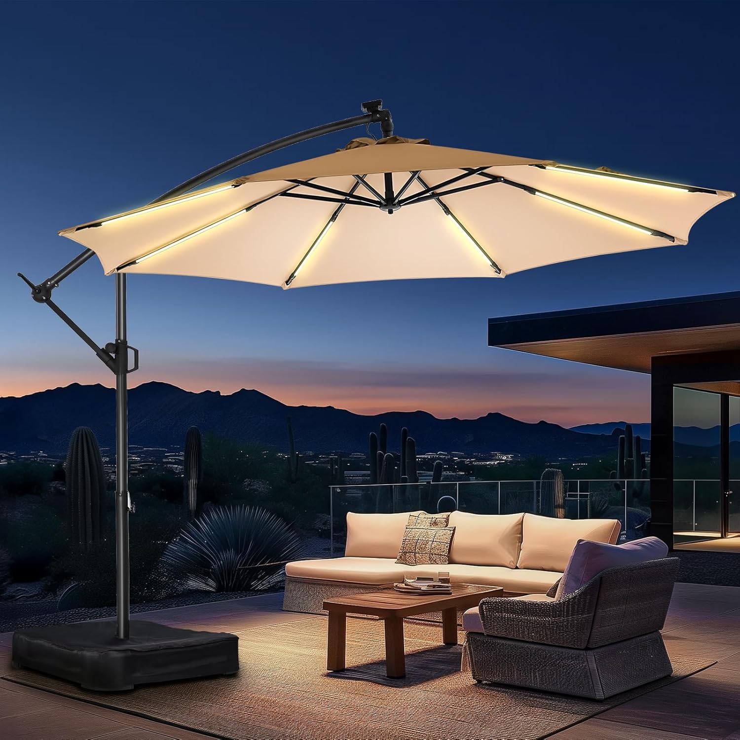 10 Feet Solar Offset Patio Umbrella, LED Lighted Cantilever Umbrella with Base Included
