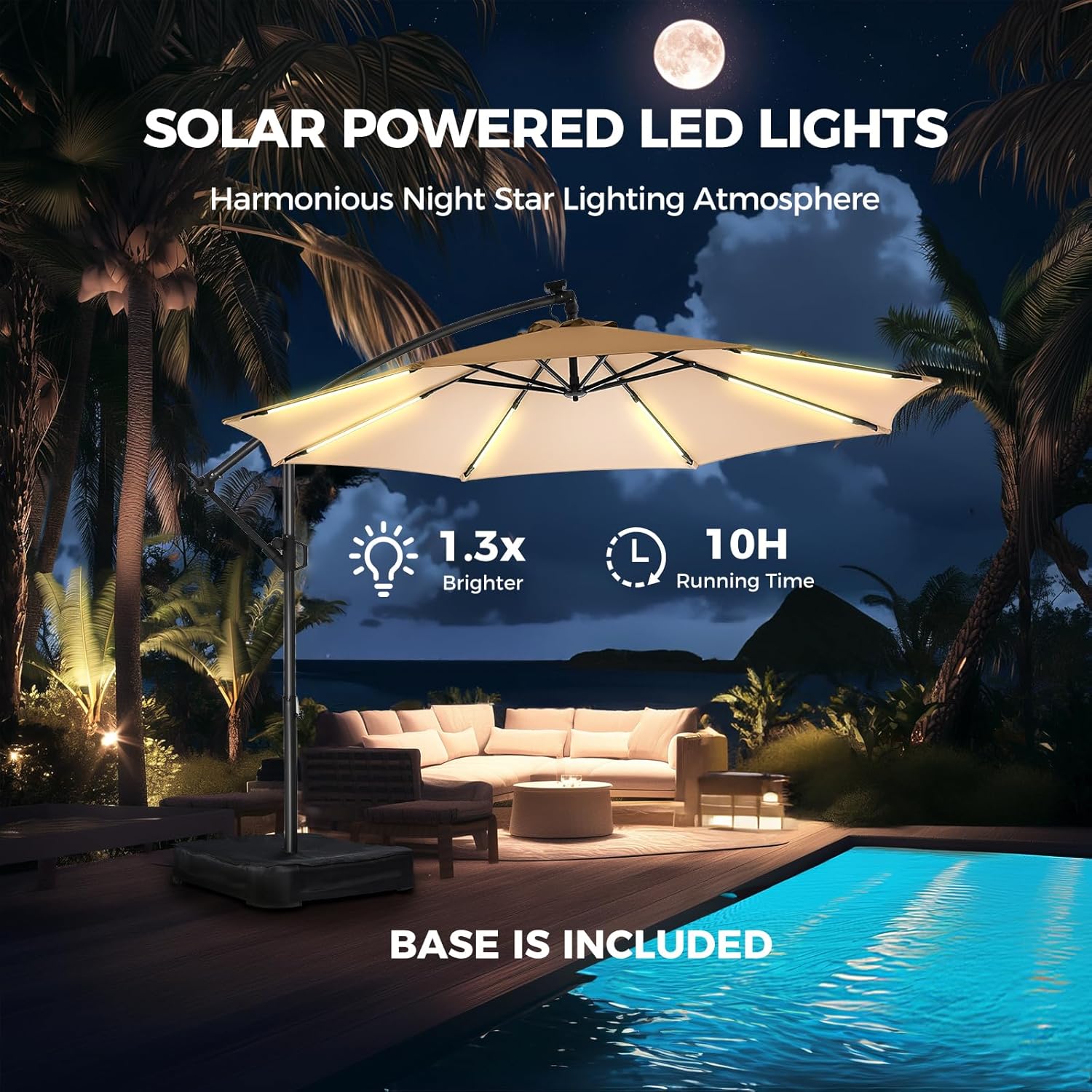 10 Feet Solar Offset Patio Umbrella, LED Lighted Cantilever Umbrella with Base Included