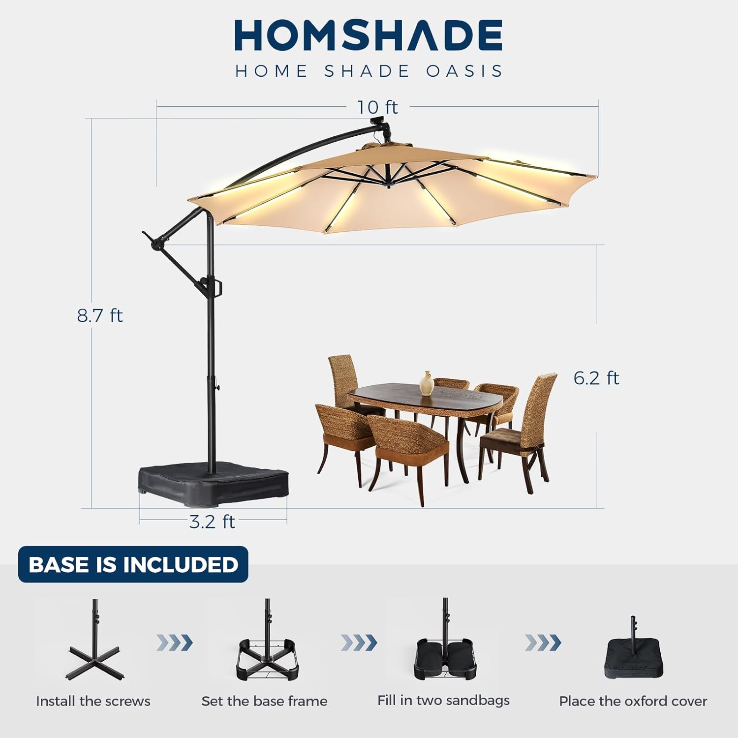 10 Feet Solar Offset Patio Umbrella, LED Lighted Cantilever Umbrella with Base Included