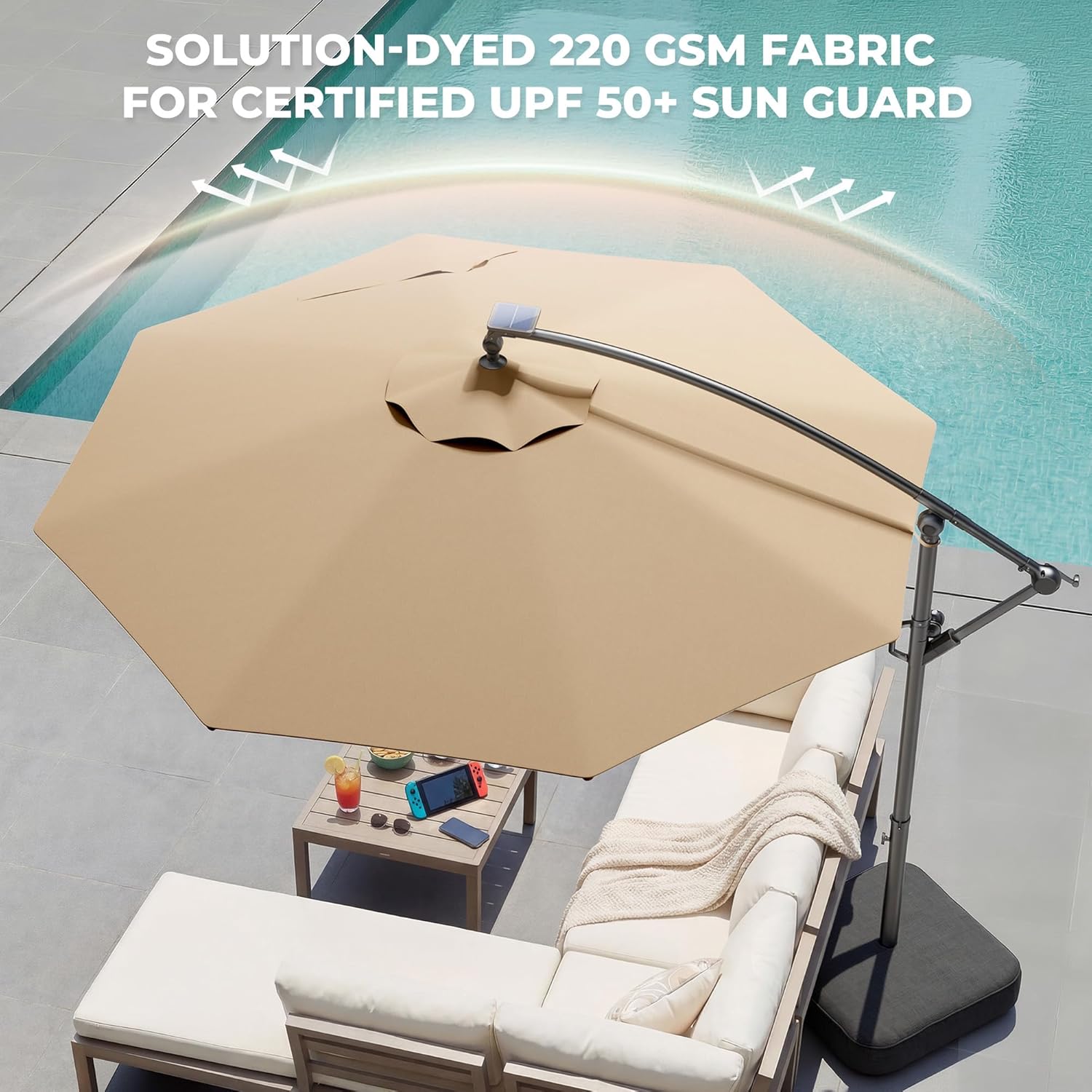 10 Feet Solar Offset Patio Umbrella, LED Lighted Cantilever Umbrella with Base Included