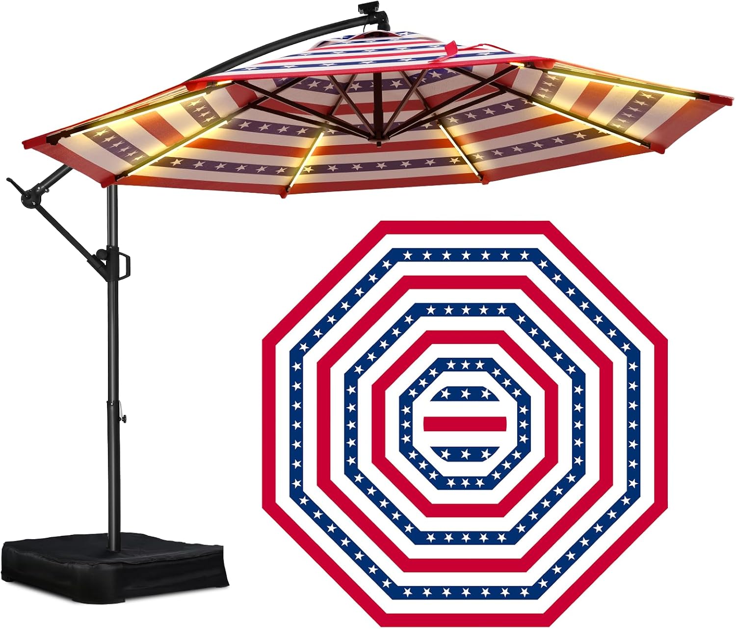 10 Feet Solar Offset Patio Umbrella, LED Lighted Cantilever Umbrella with Base Included