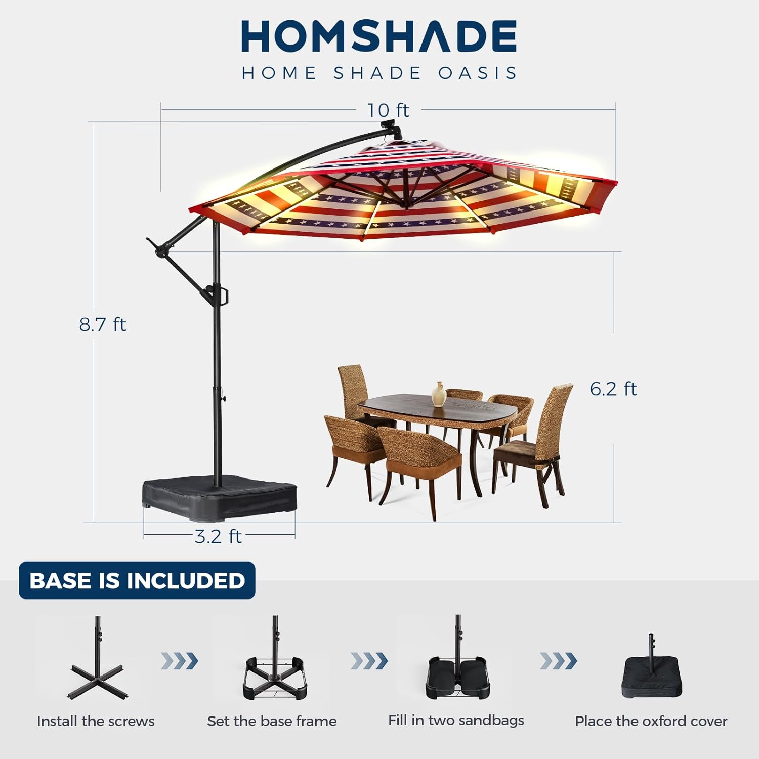 10 Feet Solar Offset Patio Umbrella, LED Lighted Cantilever Umbrella with Base Included