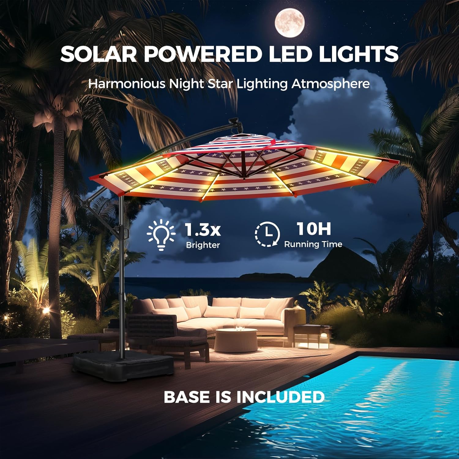 10 Feet Solar Offset Patio Umbrella, LED Lighted Cantilever Umbrella with Base Included