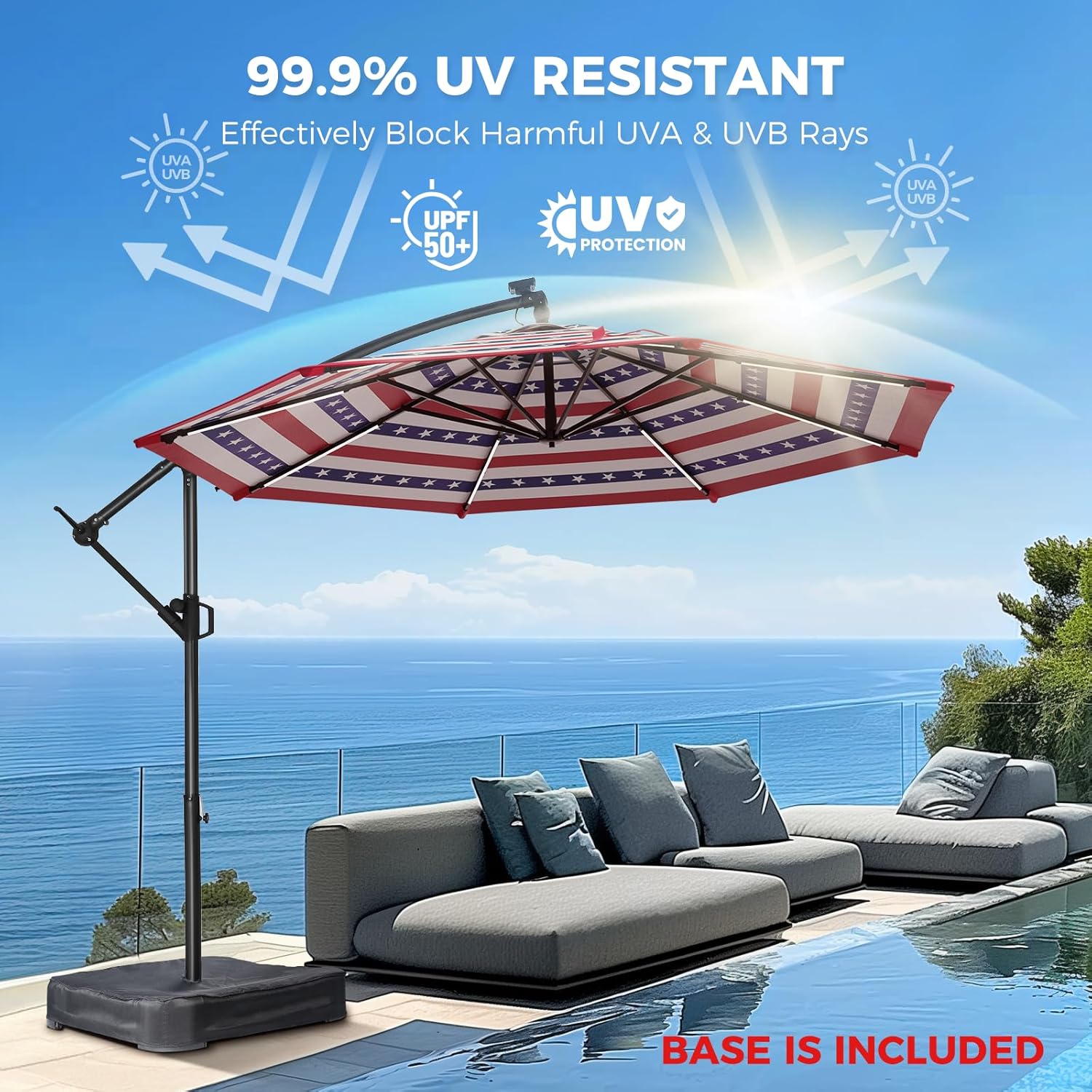 10 Feet Solar Offset Patio Umbrella, LED Lighted Cantilever Umbrella with Base Included