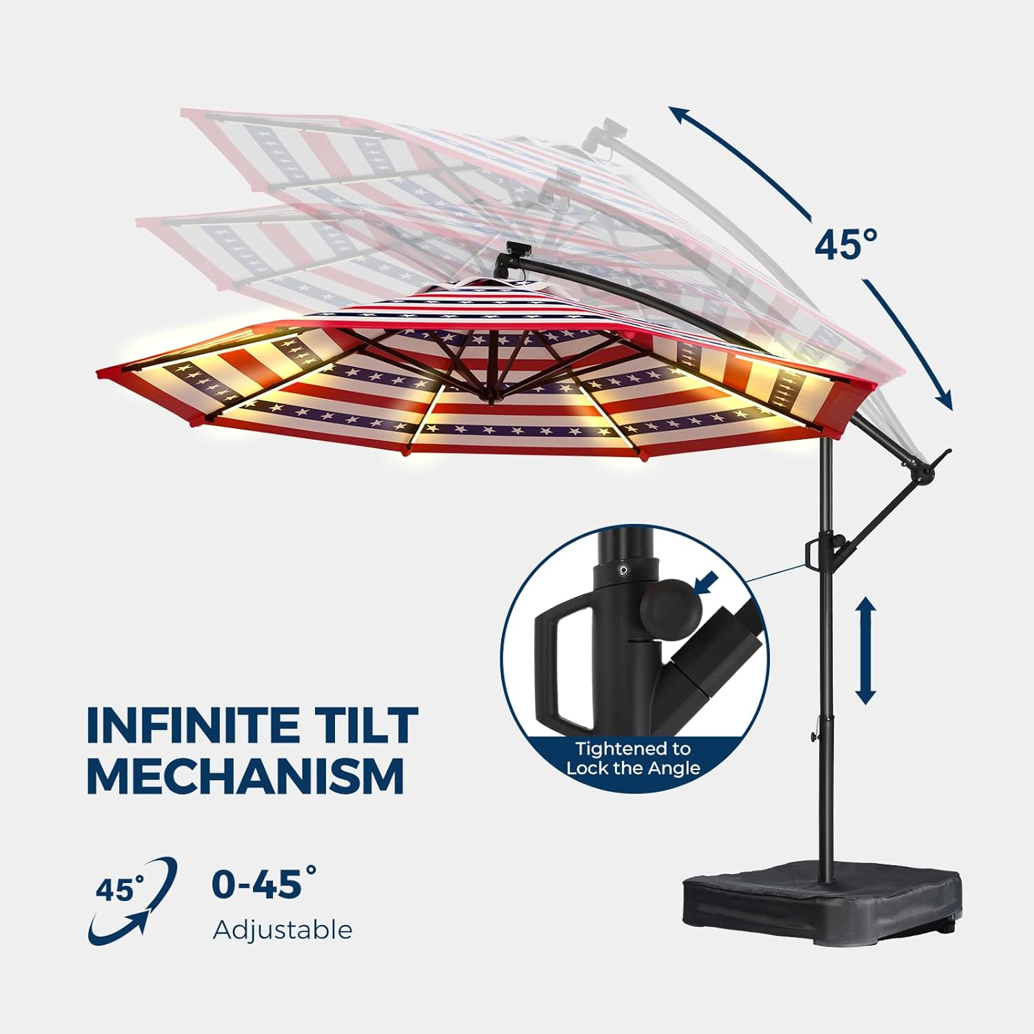10 Feet Solar Offset Patio Umbrella, LED Lighted Cantilever Umbrella with Base Included