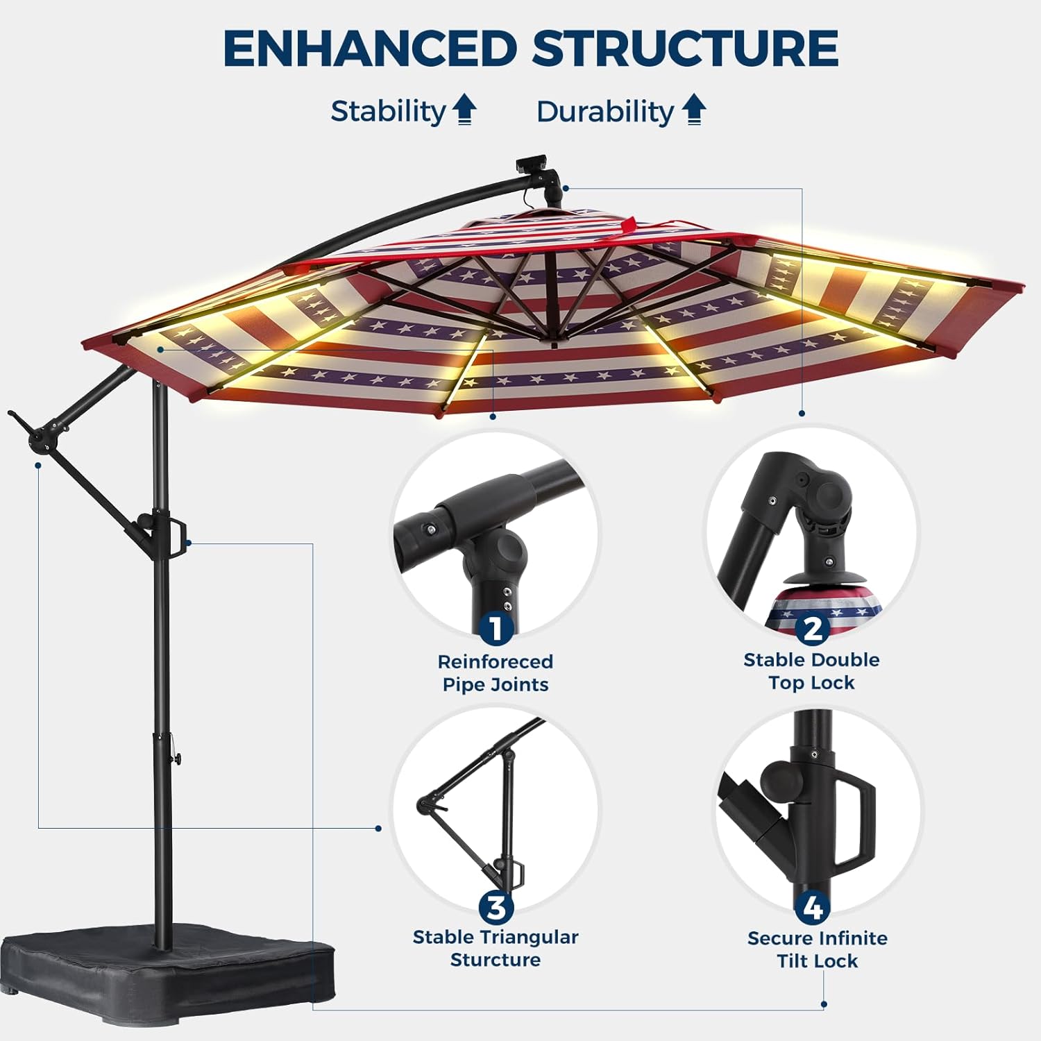 10 Feet Solar Offset Patio Umbrella, LED Lighted Cantilever Umbrella with Base Included