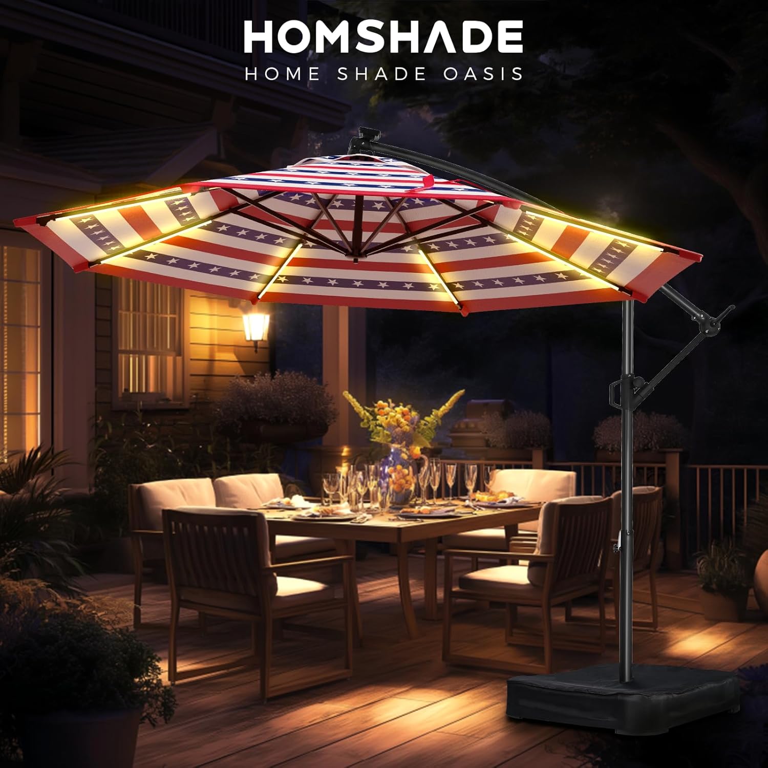 10 Feet Solar Offset Patio Umbrella, LED Lighted Cantilever Umbrella with Base Included