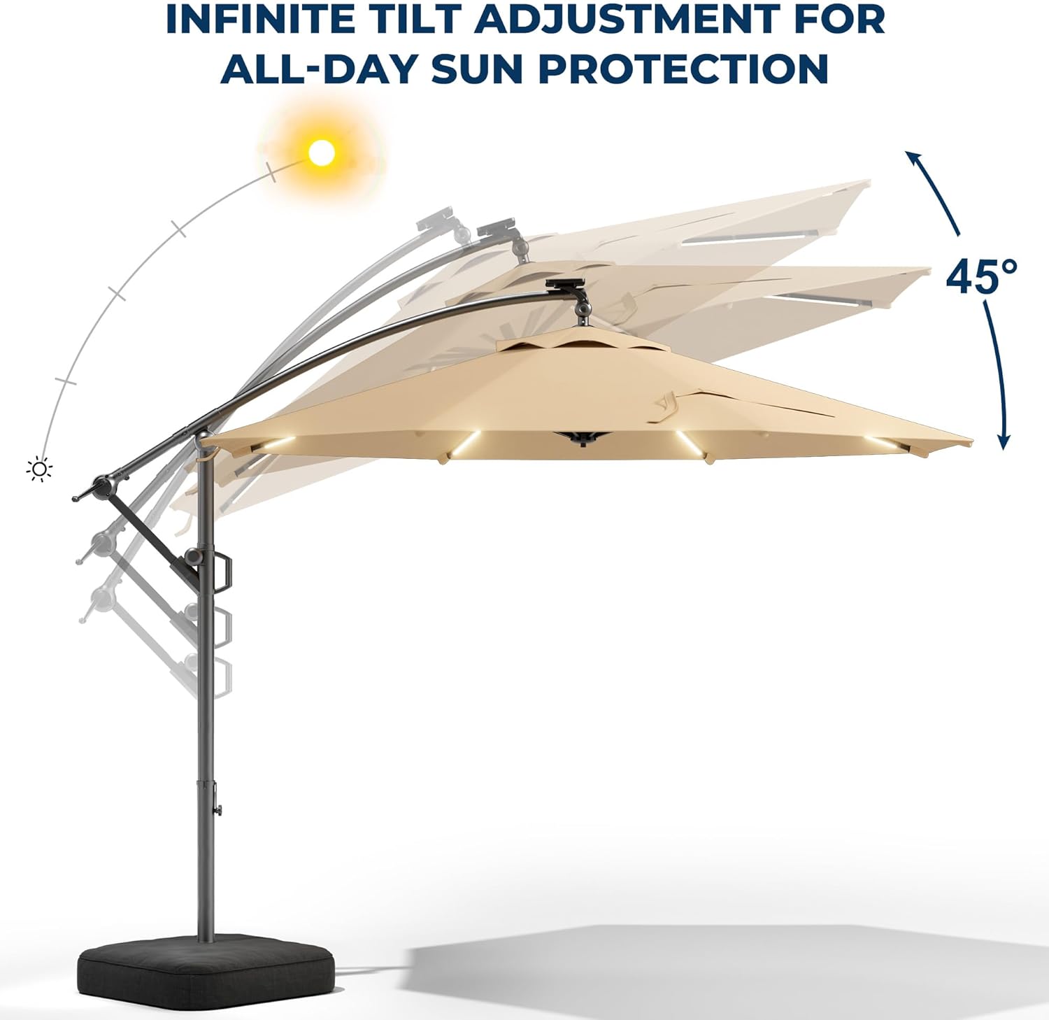 10 Feet Solar Offset Patio Umbrella, LED Lighted Cantilever Umbrella with Base Included
