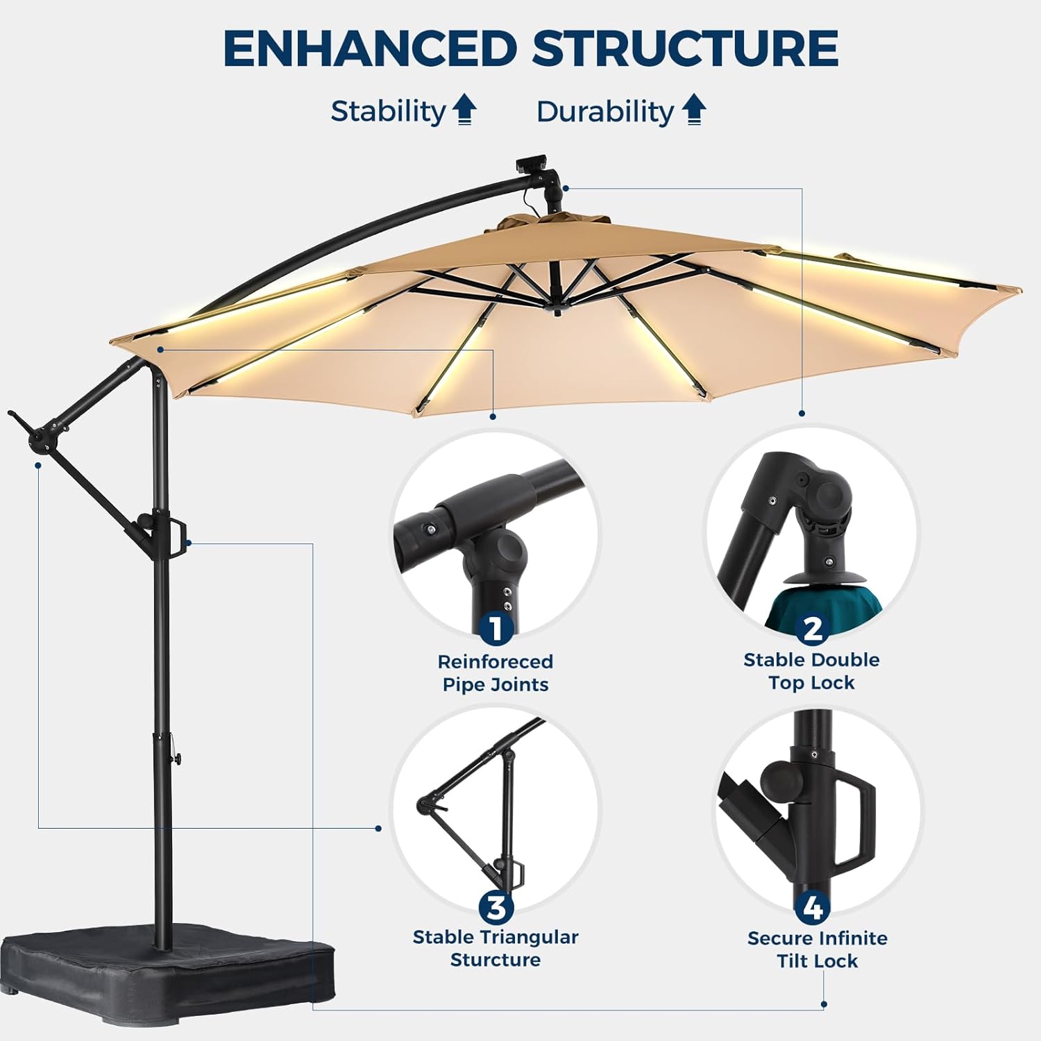 10 Feet Solar Offset Patio Umbrella, LED Lighted Cantilever Umbrella with Base Included