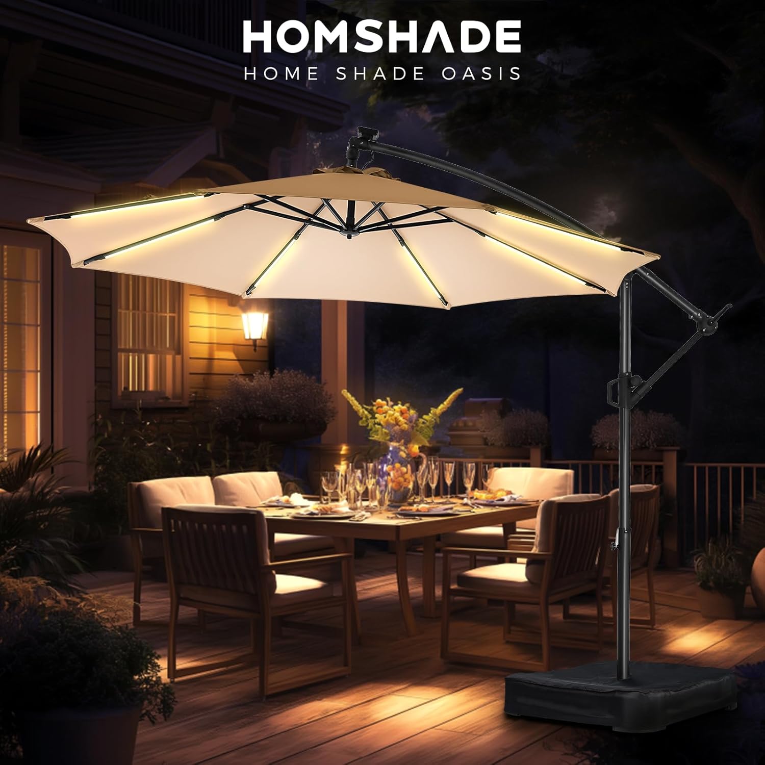 10 Feet Solar Offset Patio Umbrella, LED Lighted Cantilever Umbrella with Base Included