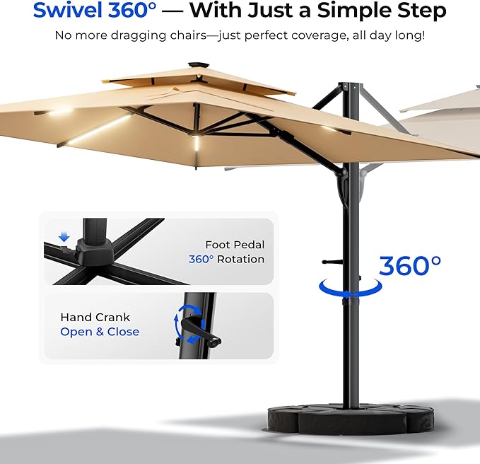 HY31LSB Cantilever Patio Umbrella with Base, Solar LED Large Outdoor Offset Umbrella