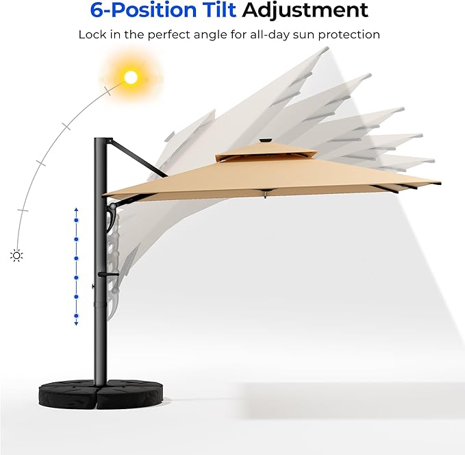 HY31LSB Cantilever Patio Umbrella with Base, Solar LED Large Outdoor Offset Umbrella