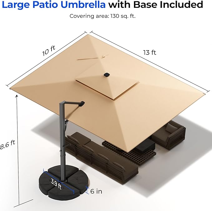 HY31LSB Cantilever Patio Umbrella with Base, Solar LED Large Outdoor Offset Umbrella