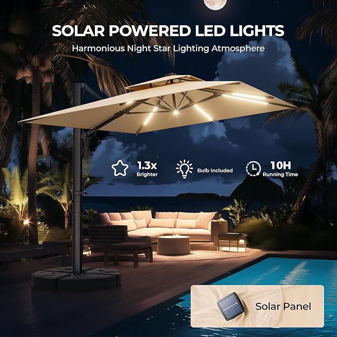 HY31LSB Cantilever Patio Umbrella with Base, Solar LED Large Outdoor Offset Umbrella
