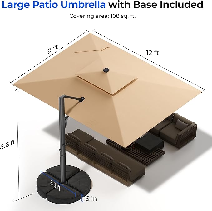 HY31LSB Cantilever Patio Umbrella with Base, Solar LED Large Outdoor Offset Umbrella