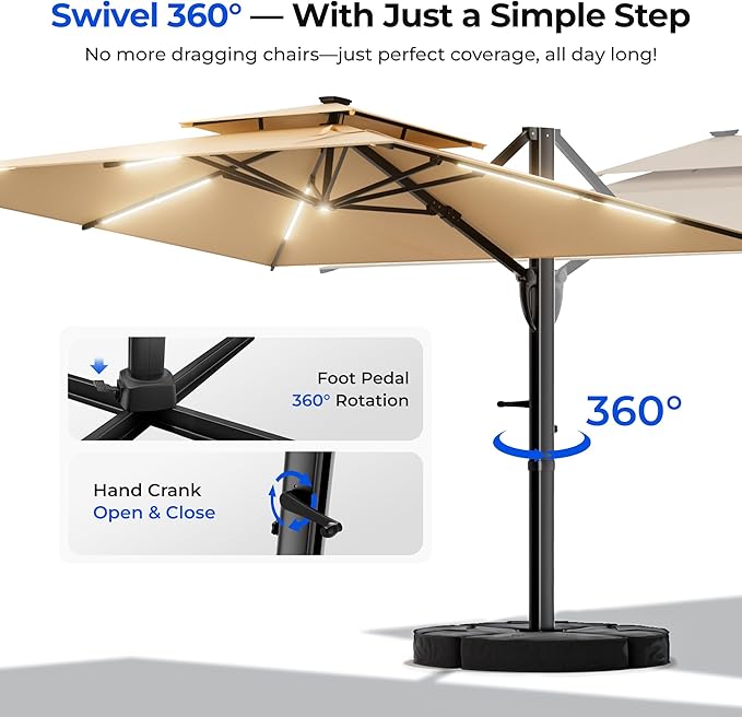 HY31LSB Cantilever Patio Umbrella with Base, Solar LED Large Outdoor Offset Umbrella