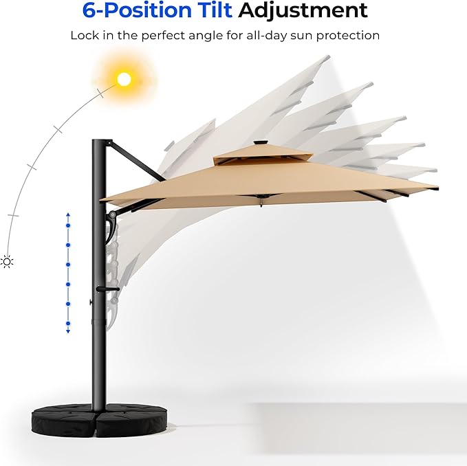 HY31LSB Cantilever Patio Umbrella with Base, Solar LED Large Outdoor Offset Umbrella