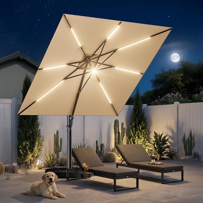 HY31LSB Cantilever Patio Umbrella with Base, Solar LED Large Outdoor Offset Umbrella