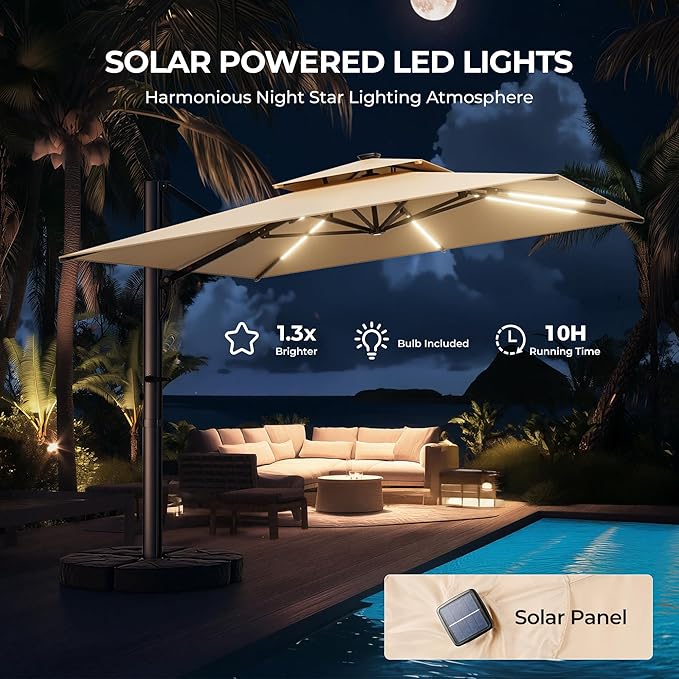 HY31LSB Cantilever Patio Umbrella with Base, Solar LED Large Outdoor Offset Umbrella