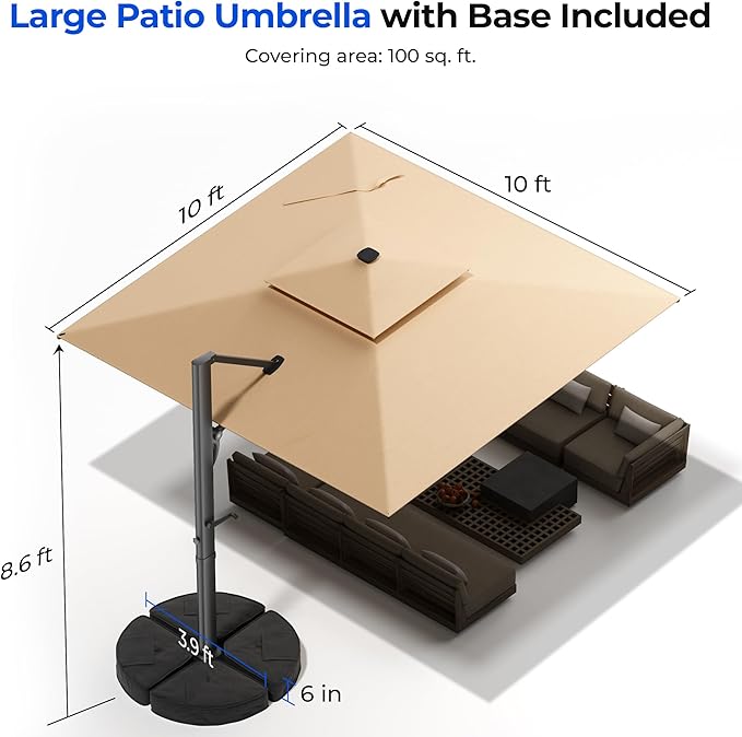 HY31LSB Cantilever Patio Umbrella with Base, Solar LED Large Outdoor Offset Umbrella